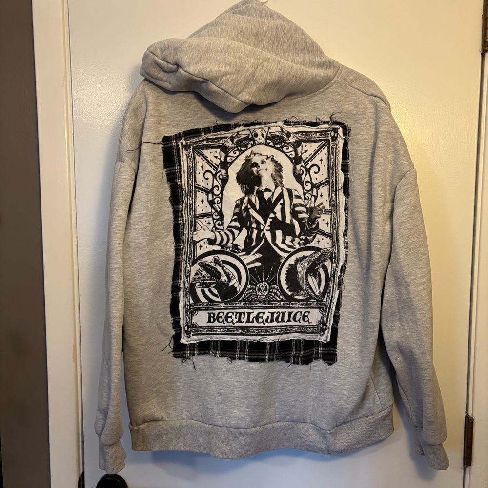 Reworked Gray Zip-Up Hoodie Beetlejuice